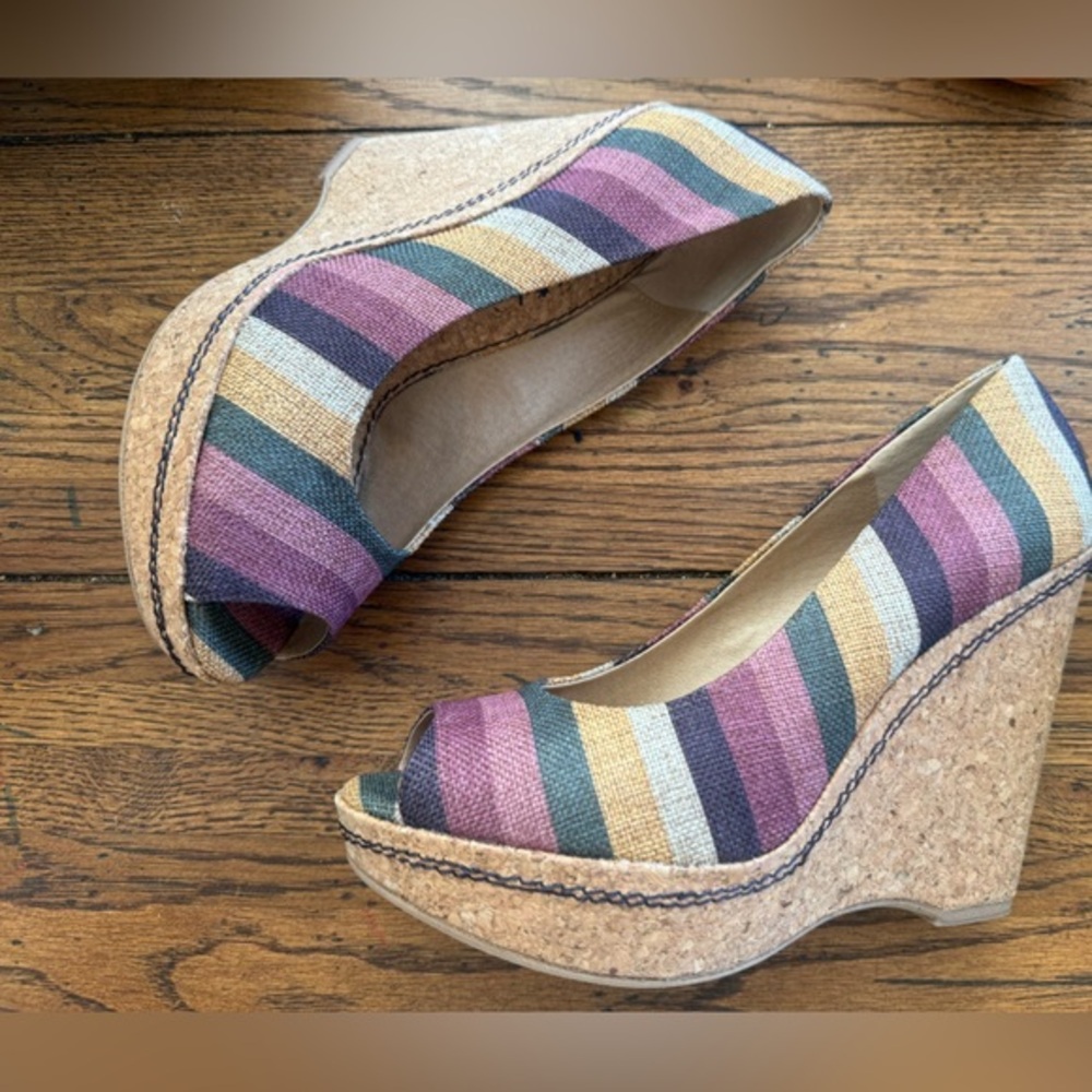 Splendid Layla Wedge Shoes striped Brown multi color cork wedge peep toe